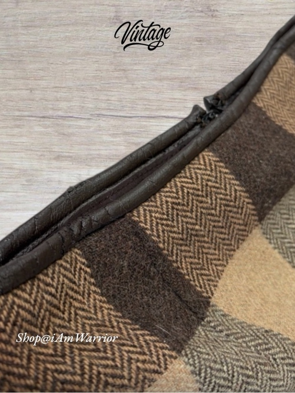 Vintage Wool Herringbone Chocolate Tan Plaid Leather Trim Equestrian Midi Skirt - Picture 8 of 10